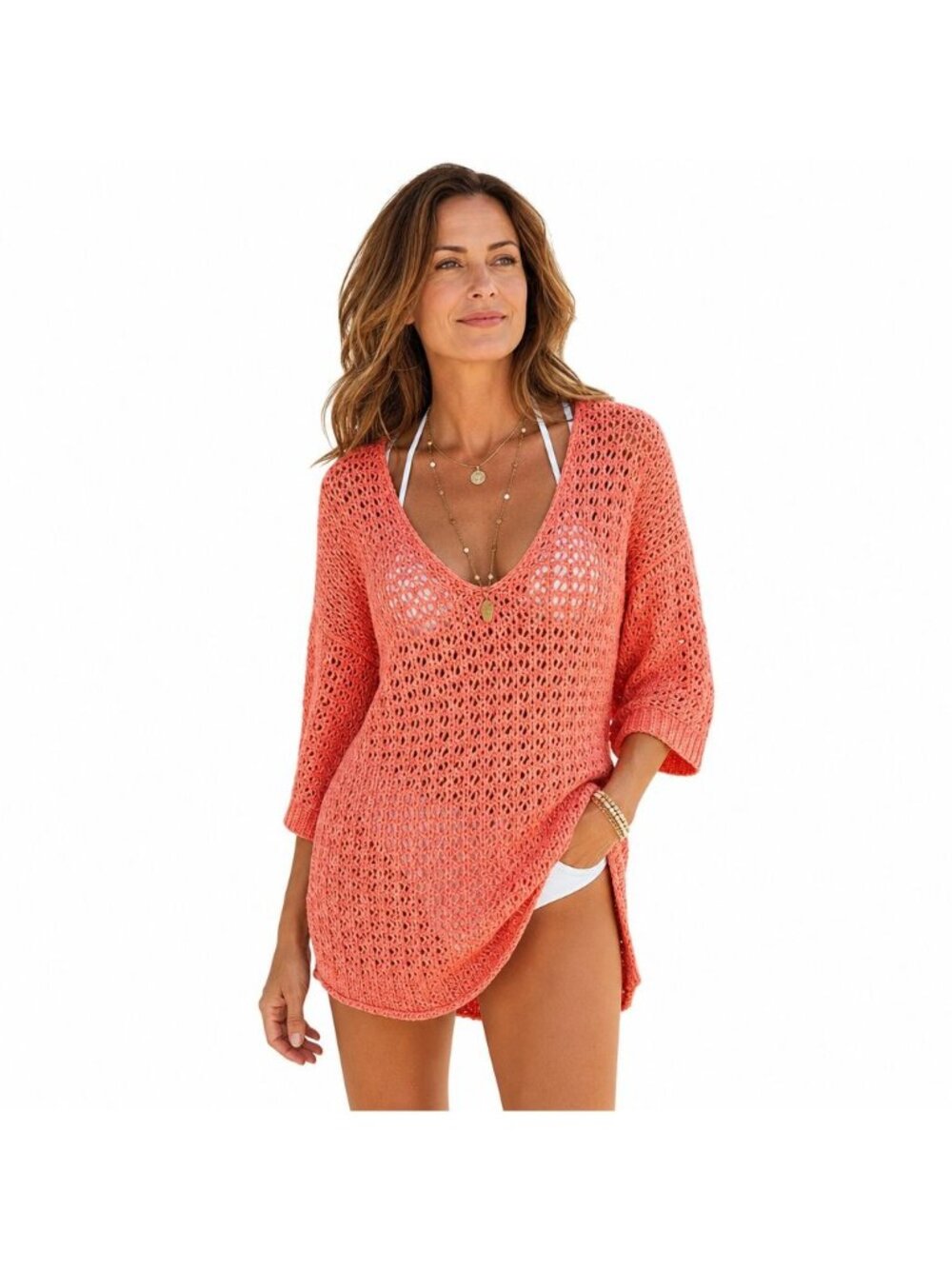 Sundance Loose Open Knit Coral V Neck Sweater Tunic  Womens M Boho Resort Beach